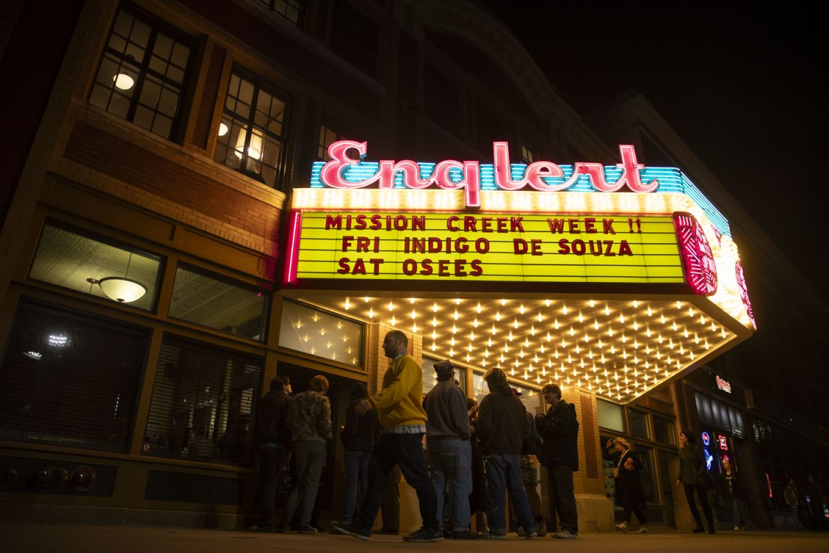 Partons stand outside of The Englert before a performance by North Carolina based singer-songwriter Indigo De Souza during the second day of the Mission Creek Festival in Iowa City on Friday, April 5, 2024.