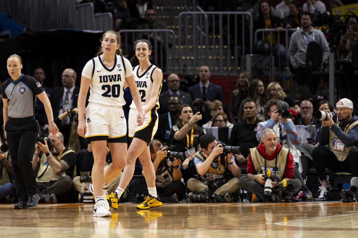 Iowa guard Caitlin Clark reacts to an officials call during a NCAA Tournament Final Four game between No. 1 Iowa and No. 3 UConn at Rocket Mortgage FieldHouse in Cleveland, Ohio, on Friday, April 5, 2024. The Hawkeyes defeated the Huskies, 71-69.