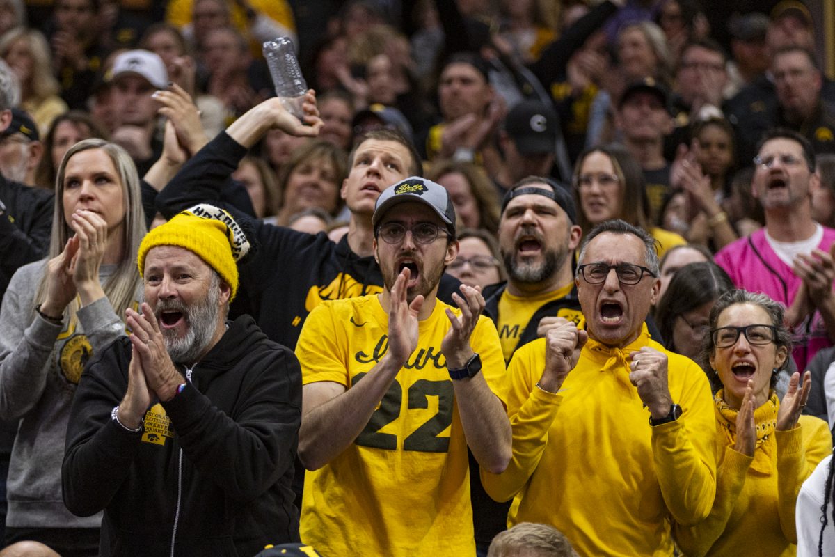 Iowa+fans+cheer+during+a+NCAA+Tournament+Final+Four+game+between+No.+1+Iowa+and+No.+3+UConn+at+Rocket+Mortgage+FieldHouse+in+Cleveland%2C+Ohio%2C+on+Friday%2C+April+5%2C+2024.+The+Hawkeyes+defeated+the+Huskies%2C+71-69.