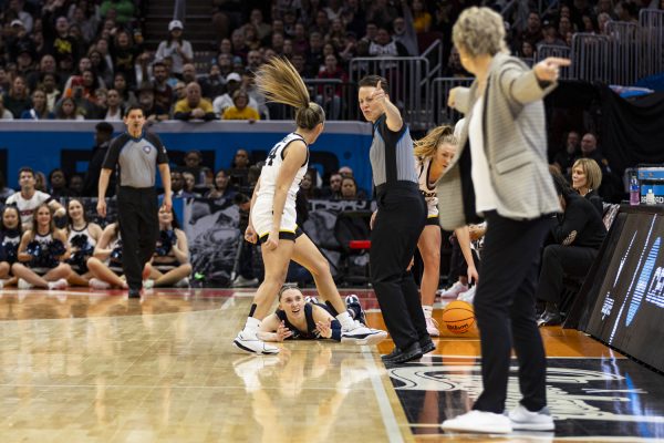 UConn guard Paige Bueckers reacts to an officials call during a NCAA Tournament Final Four game between No. 1 Iowa and No. 3 UConn at Rocket Mortgage FieldHouse in Cleveland, Ohio, on Friday, April 5, 2024. The Hawkeyes defeated the Huskies, 71-69.