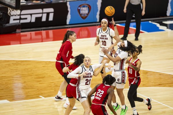 South Carolina guard Te-Hina Paopao shoots the ball during a NCAA Tournament Final Four game between No. 1 South Carolina and No. 3 NC State at Rocket Mortgage FieldHouse in Cleveland, Ohio, on Friday, April 5, 2024. 