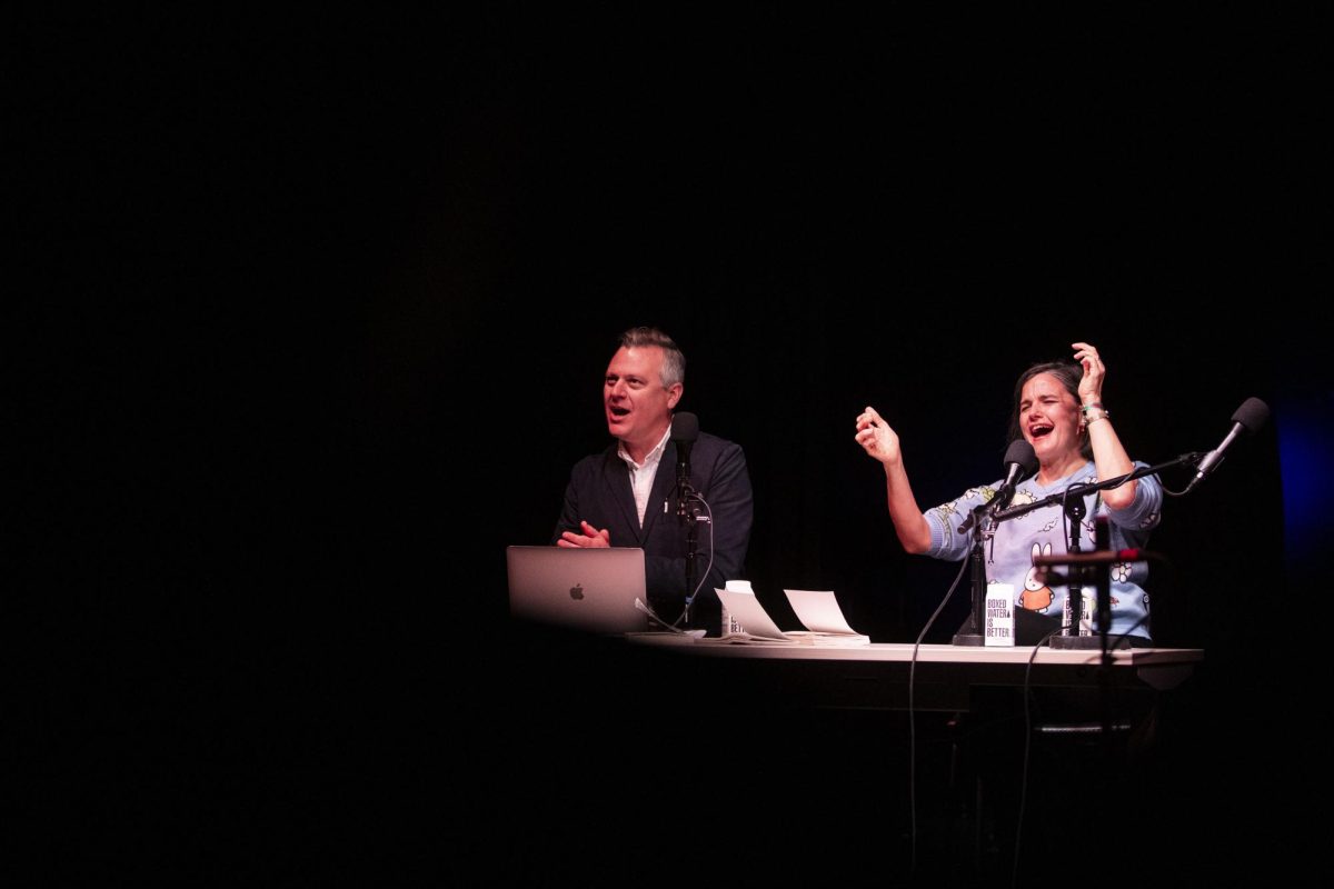 Luke Burbank and Elena Passarello open the Live Wire Radio show at the James Theater during the Mission Creek Festival on Saturday, April 6, 2024. The show hosted by Luke Burbank and presented by Sarabande Books featured writers and authors SG Goodman, Morgan Parker, Carmen Maria Machado and Simon Shieh.