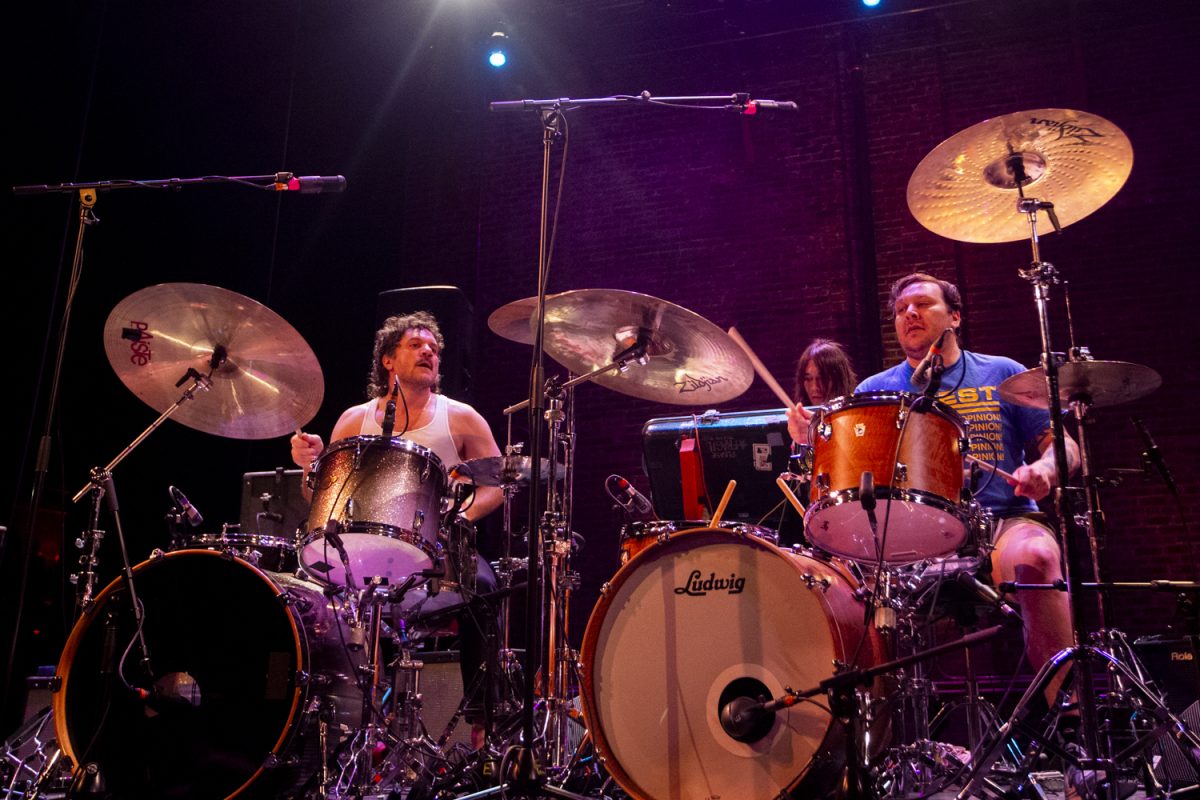 Osees drummers Dan Rincon and Paul Quattrone plays the drum to the crowd during the Mission Creek Festival at The Englert Theatre on Saturday, April 6, 2024.