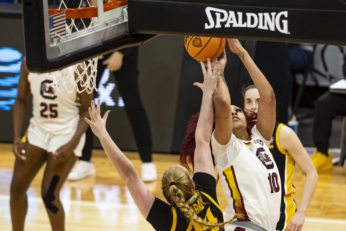 South Carolina center Kamilla Cardoso goes for a layup during a NCAA Championship game between No. 1 Iowa and No. 1 South Carolina at Rocket Mortgage FieldHouse in Cleveland, Ohio, on Sunday, April 7, 2024. (Ayrton Breckenridge/The Daily Iowan)