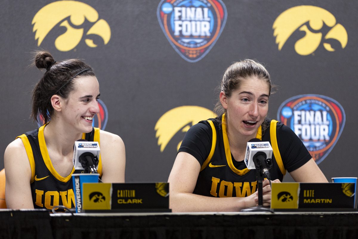 Iowa+guard+Caitlin+Clark+smiles+at+guard+Kate+Martin+after+a+NCAA+Championship+game+between+No.+1+Iowa+and+No.+1+South+Carolina+at+Rocket+Mortgage+FieldHouse+in+Cleveland%2C+Ohio%2C+on+Sunday%2C+April+7%2C+2024.+The+Gamecocks+defeated+the+Hawkeyes%2C+87-75.+