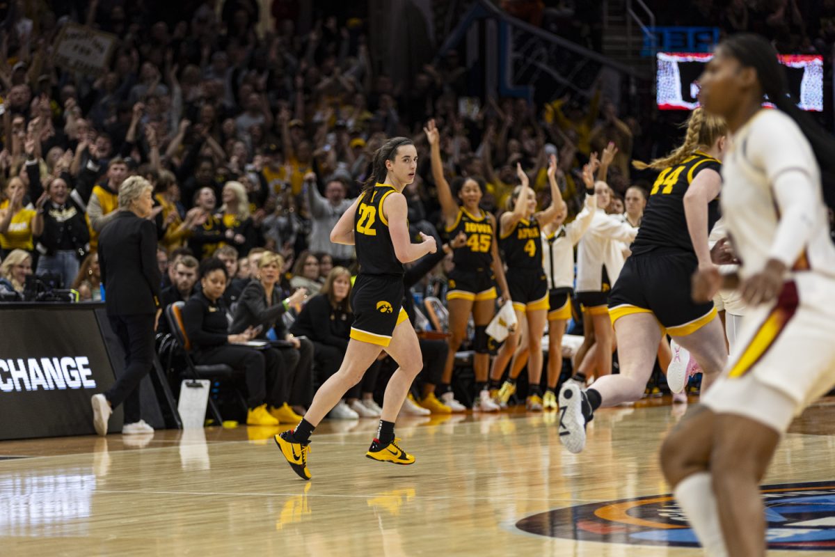 Iowa+guard+Caitlin+Clark+looks+across+the+court+during+a+NCAA+Championship+game+between+No.+1+Iowa+and+No.+1+South+Carolina+at+Rocket+Mortgage+FieldHouse+in+Cleveland%2C+Ohio%2C+on+Sunday%2C+April+7%2C+2024.+The+Gamecocks+defeated+the+Hawkeyes%2C+87-75.