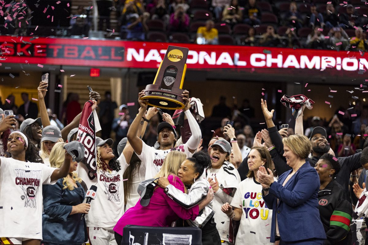 The South Carolina women’s basketball team celebrate after a NCAA Championship game between No. 1 Iowa and No. 1 South Carolina at Rocket Mortgage FieldHouse in Cleveland, Ohio, on Sunday, April 7, 2024. The Gamecocks defeated the Hawkeyes, 87-75.