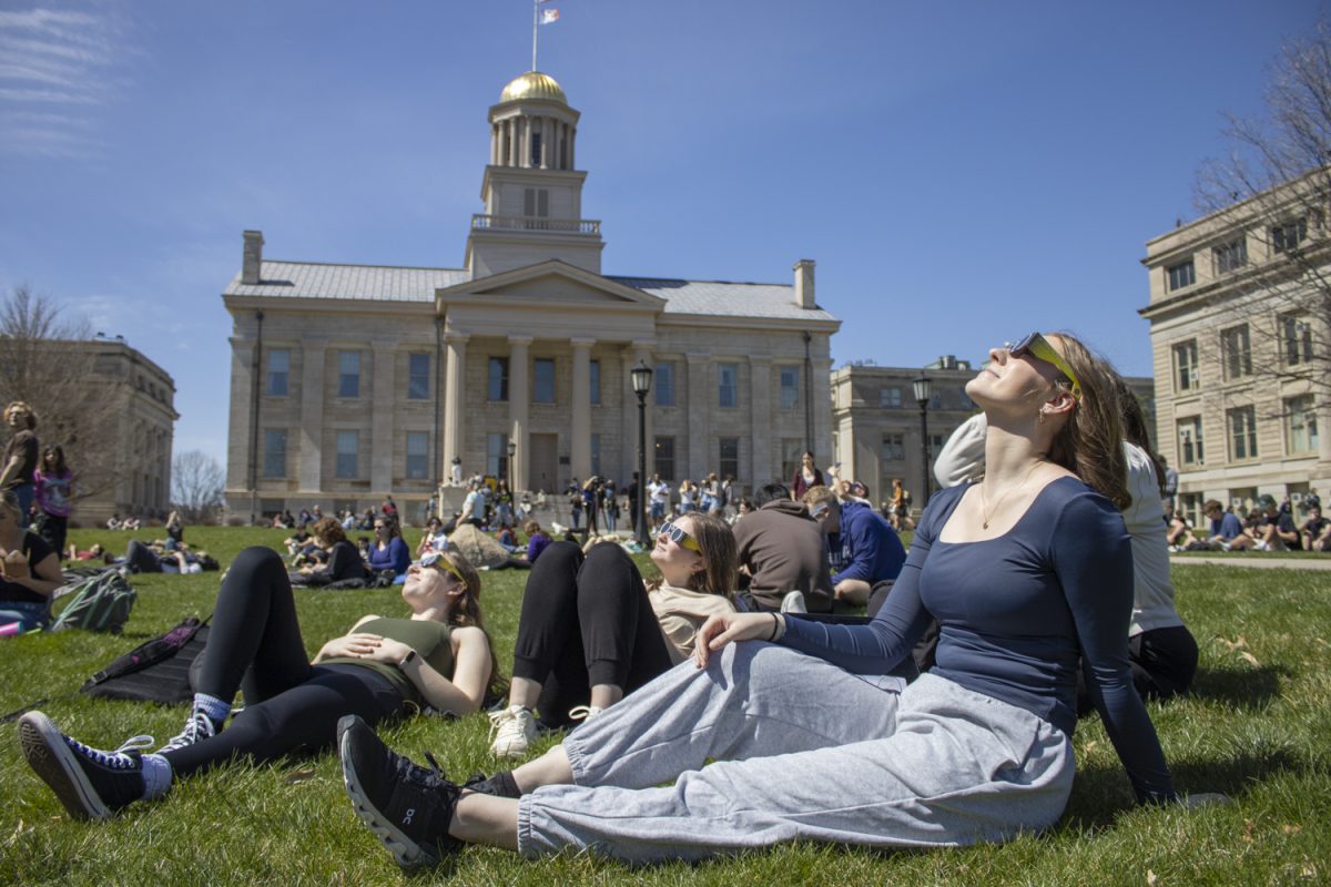 A+group+of+Iowa+students+watches+the+solar+eclipse+on+Monday%2C+April+8%2C+2024.+Hundreds+of+people+came+to+the+Pentacrest+to+watch+the+partial+eclipse.