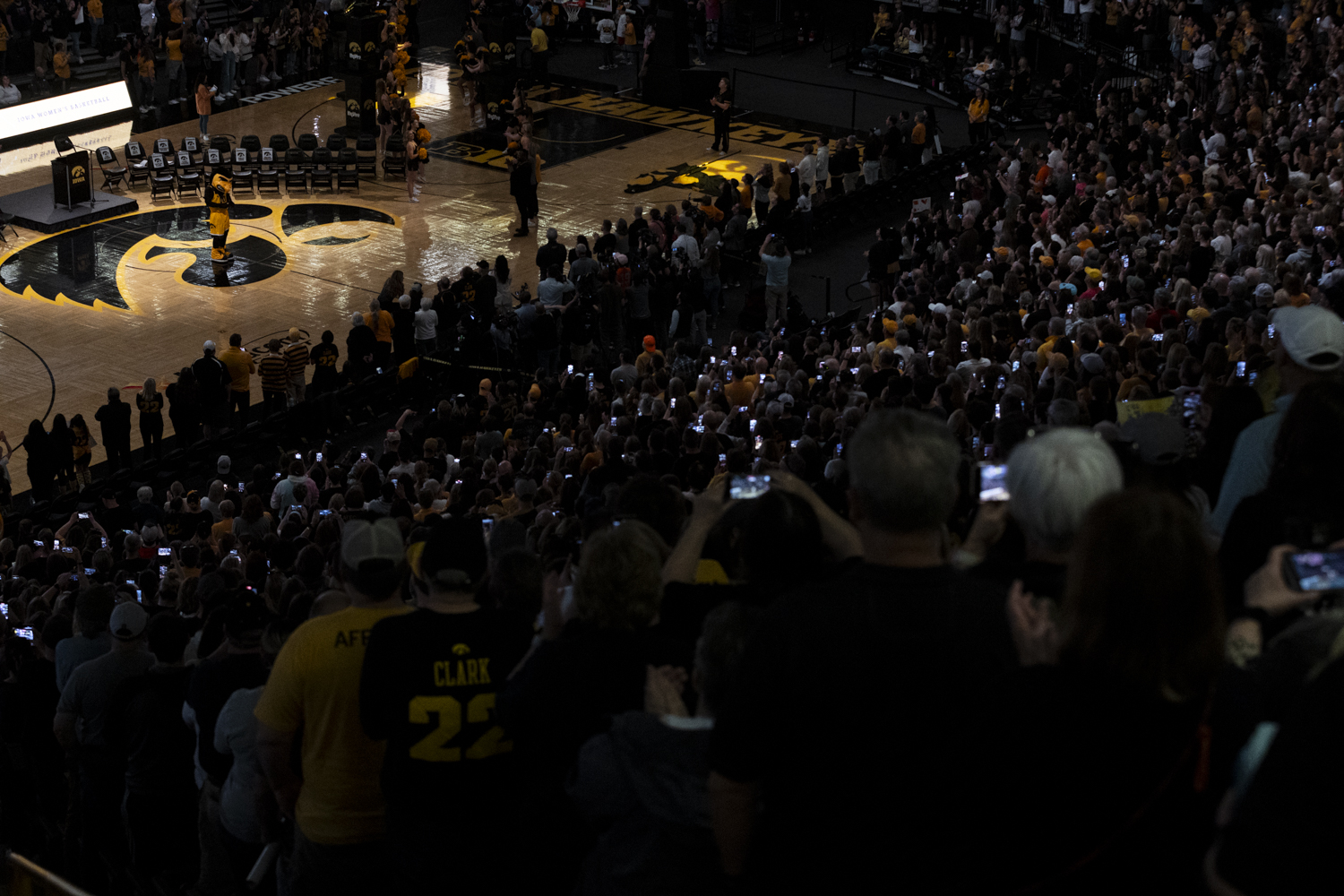 Fans+pull+out+their+phones+awaiting+the+arrival+of+the+Iowa+women%E2%80%99s+basketball+team+during+an+end-of-season+celebration+to+honor+the+Iowa+women%E2%80%99s+basketball+team%E2%80%99s+historic+run+in+the+NCAA+tournament+at+Carver-Hawkeye+Arena+in+Iowa+City%2C+Iowa%2C+on+Wednesday%2C+April+10%2C+2024.+No.+1+South+Carolina+defeated+No.+1+Iowa%2C+87-75%2C+during+an+NCAA+Championship+game+at+Rocket+Mortgage+FieldHouse+in+Cleveland%2C+Ohio%2C+on+Sunday%2C+April+7%2C+2024.+The+Gamecocks+finished+the+season+undefeated+with+38+wins.+The+game+marks+Iowa%E2%80%99s+second+straight+runner-up+finish+for+the+title.