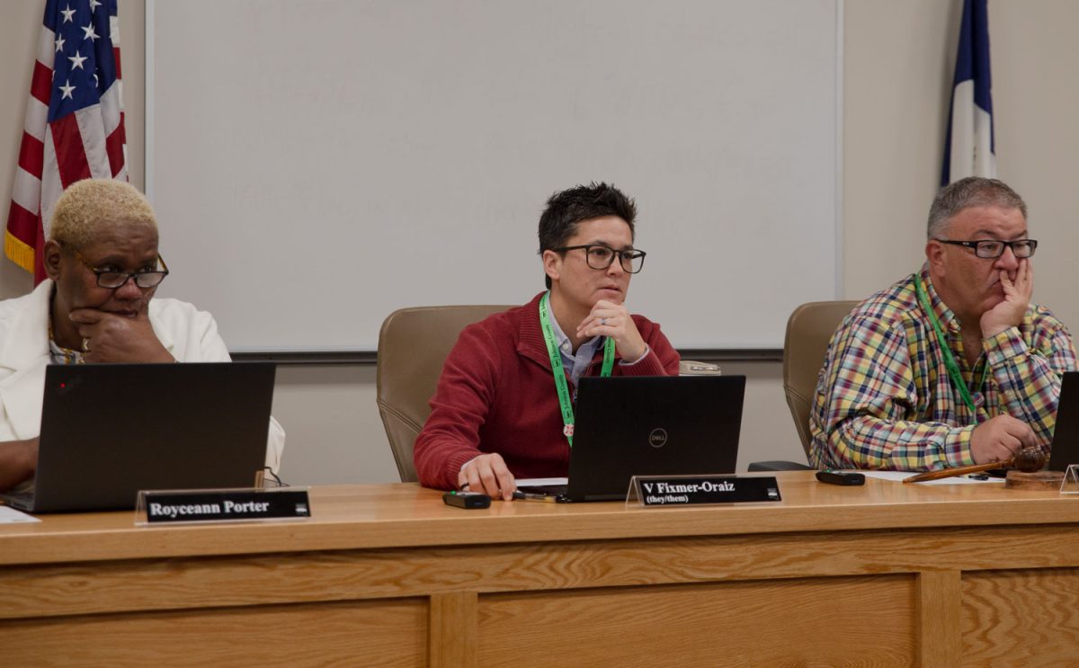 V Fixmer-Oraiz listens to a speaker during the Johnson County Board of Supervisors meeting at the JoCo Public Health and Clinical Services building on Wednesday, April 17, 2024.