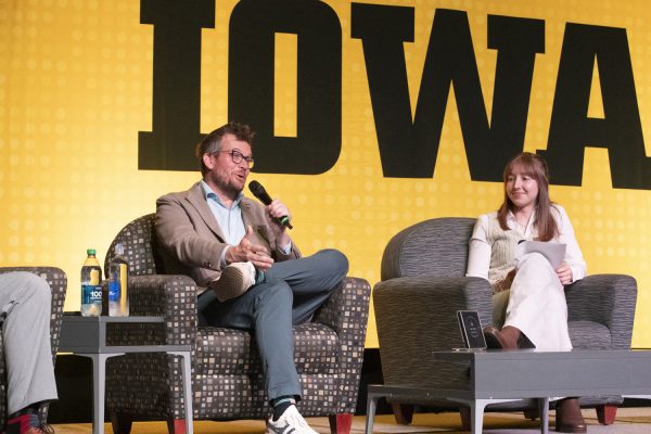 John Green speaks during a lecture in the Iowa Memorial Union on Thursday, April 18, 2024. Green spoke about being a bestselling author, YouTuber, and philanthropist.