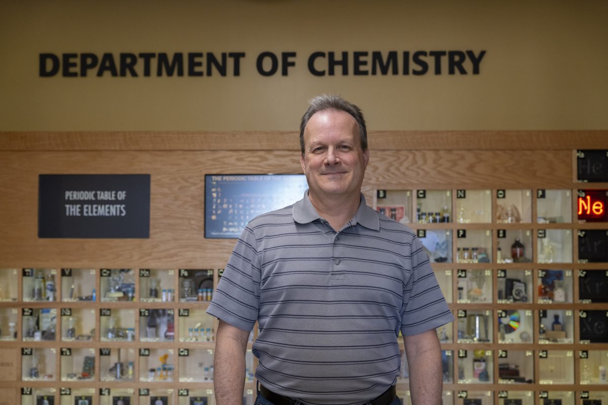 Ed Gillan poses for a portrait in the Chemistry Building in Iowa City on Tuesday, April 23, 2024. Gillan is a professor for the University of Iowa Department of Chemistry.