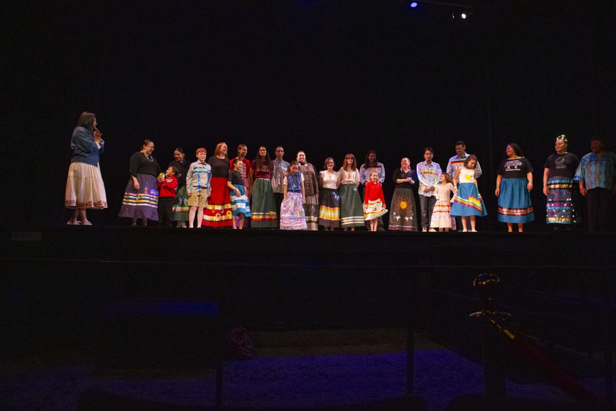 The artists of “The Future is Indigenous”, a fashion show displaying the work created by local Indigenous artists at the Englert on Saturday, April 27, 2024. This is the first year that the fashion show was held.