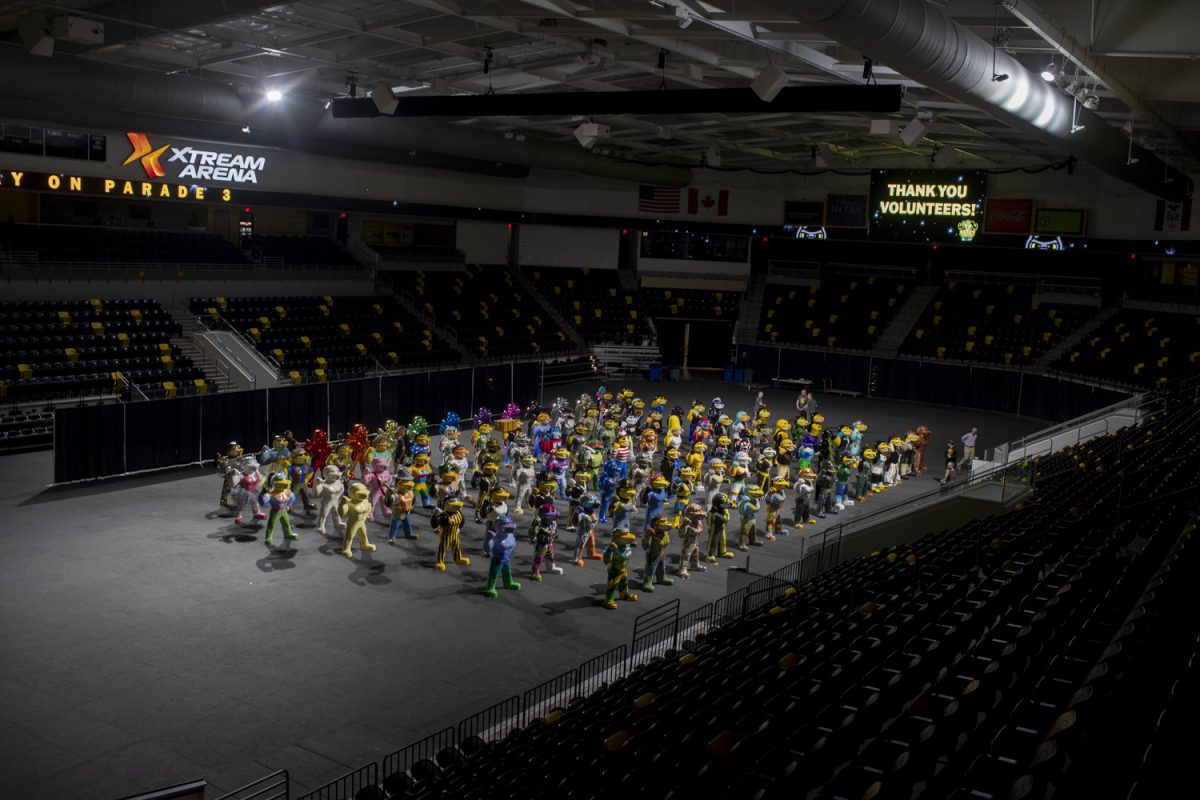 Herky statues are seen on the floor of the Xtream Arena in Coralville on Monday, April 29, 2024. The Herkys will be unveiled around Johnson County on Wednesday.