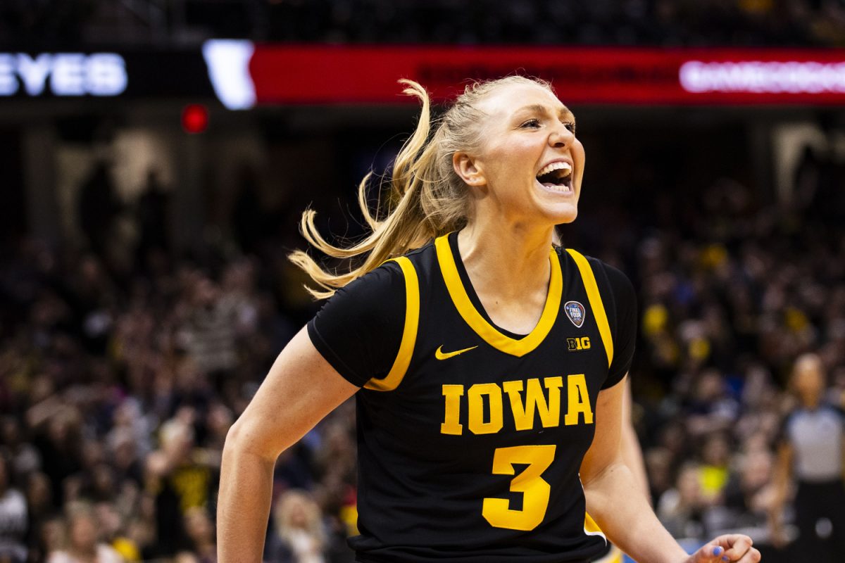 Iowa guard Sydney Affolter celebrates during the NCAA Championship game between No. 1 Iowa and No. 1 South Carolina at Rocket Mortgage FieldHouse in Cleveland, Ohio, on Sunday, April 7, 2024. The Gamecocks defeated the Hawkeyes, 87-75. 