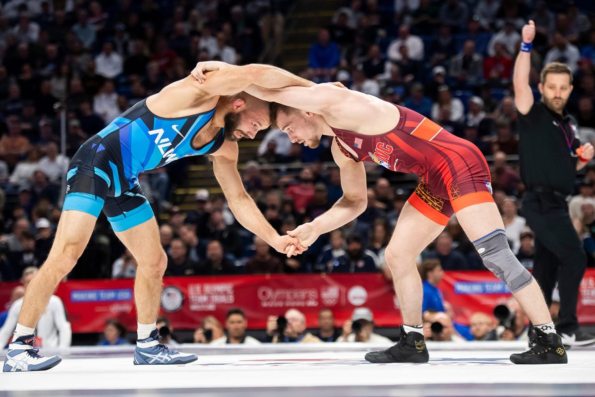 Thomas+Gilman+%28left%29+wrestles+Spencer+Lee+in+the+57+kilogram+best-of-three+championship+series+during+the+U.S.+Olympic+Team+Trials+at+the+Bryce+Jordan+Center+April+20%2C+2024%2C+in+State+College.+Lee+won+the+first+bout%2C+6-3.
