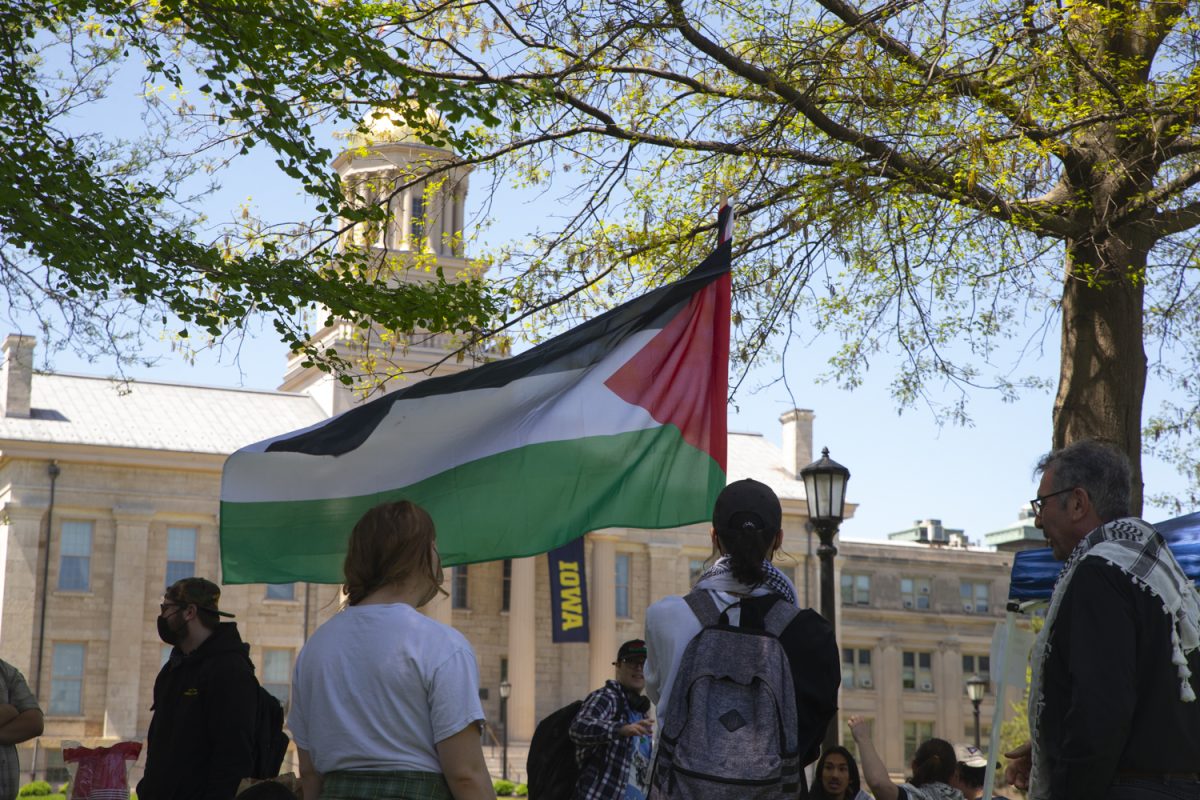 Attendees gather for the Iowa City Students for Justice in Palestine three-day solidarity event on the Pentacrest in Iowa City on Friday, May 3, 2024. (Emma Calabro/The Daily Iowan) 