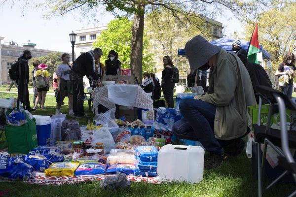 Food and drinks are laid out at the Iowa City Students for Justice in Palestine three-day solidarity event on the Pentacrest in Iowa City on Friday, May 3, 2024 (Emma Calabro/The Daily Iowan)