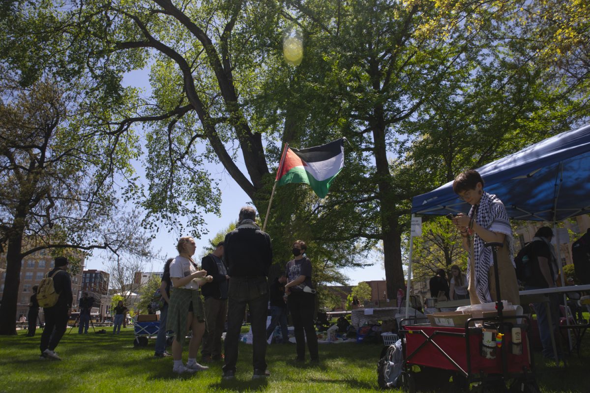 Attendees gather for the Iowa City Students for Justice in Palestine three-day solidarity event on the Pentacrest in Iowa City on Friday, May 3, 2024 