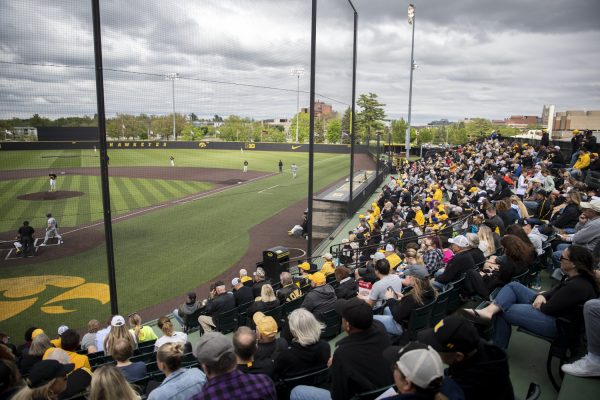 Fans fill the bleachers during a baseball game between Northwestern and Iowa at Duane Banks Field in Iowa City, Iowa. Friday, May 3, 2024. The Hawkeyes defeated the Wildcats 9-2.