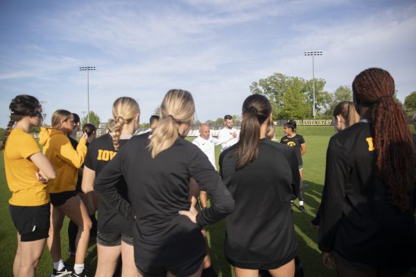 Iowa head coach Dave Dilanni speaks to the Iowa women’s soccer team during an Iowa Women’s Soccer open practice at the Iowa Soccer Complex on Friday, May 10, 2024. Iowa women’s soccer claimed the Big Ten title last year, the second in program history.