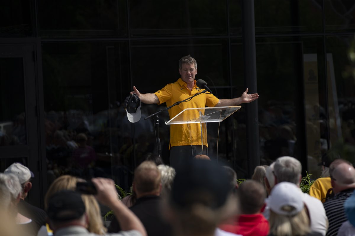 Iowa Men’s Wrestling Coach Tom Brands speaks to the crowd during during the dedication ceremony for the University of Iowa’s Goschke Family Wrestling Training Center on Thursday, May 30, 2024.
