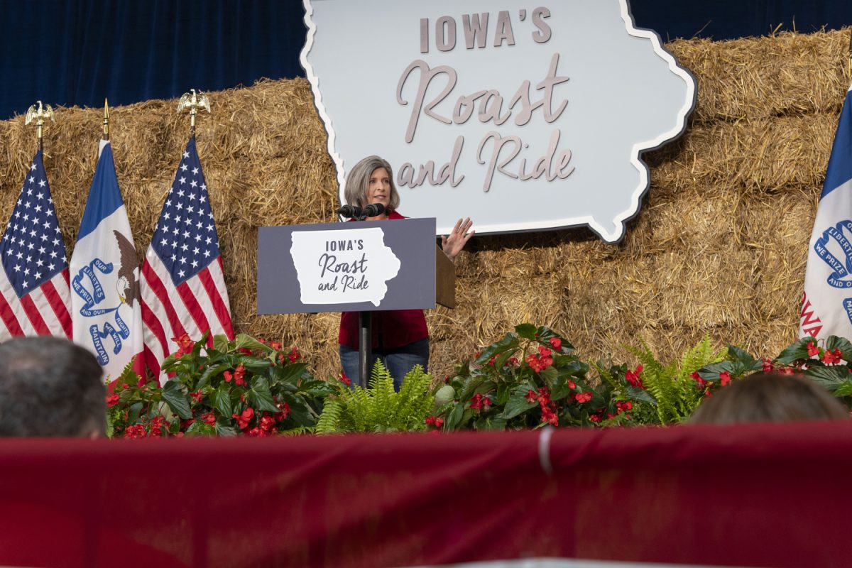 U.S. Sen. Joni Ernst gives a speech at her ninth annual Roast and Ride fundraiser at the Iowa State Fairgrounds in Des Moines on Saturday, June 1, 2024.