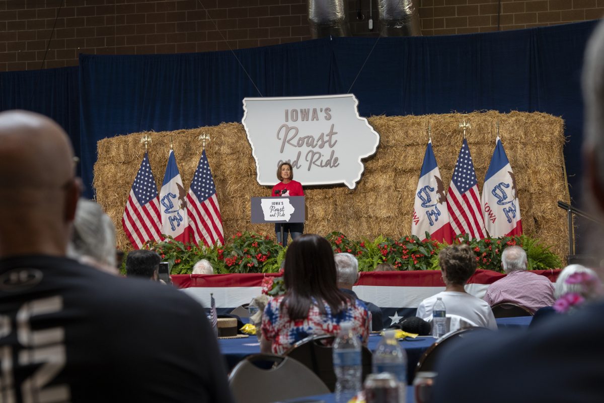 Gov. Kim Reynolds gives a speech at U.S. Sen. Joni Ernst’s annual Roast and Ride fundraiser at the Iowa State Fairgrounds in Des Moines on Saturday, June 1, 2024.