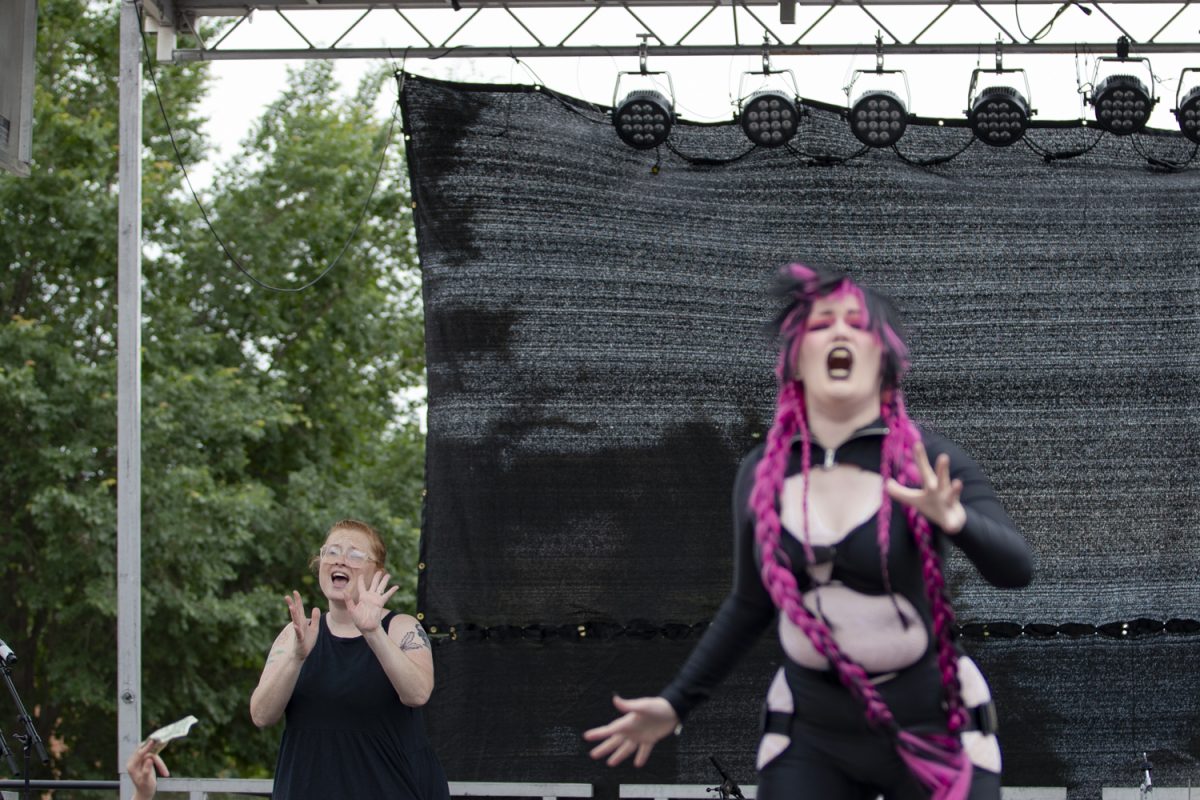 An American Sign Language interpreter signs a drag performance to the crowd during the 53rd annual pride parade and festival in downtown Iowa City on Saturday, June 15, 2024. The event included a parade, performances, and local vendor stations around downtown. (Shaely Odean/ The Daily Iowan)
