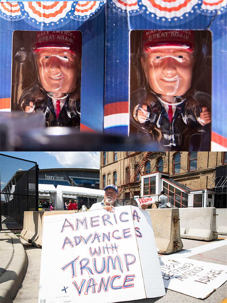 (Top) Trump bobbleheads are seen on a merchandise table during the final day of the 2024 Republican National Convention in Milwaukee, WI on Thursday, July 18, 2024.

(Bottom) Bob Kunst, 82, holds up a sign while sitting outside one of the entrances to the 2024 Republican National Convention in Milwaukee, WI on Wednesday, July 17, 2024. Kunst, a registered Democrat, traveled from Miami Beach, FL to show his support for former President Donald Trump.