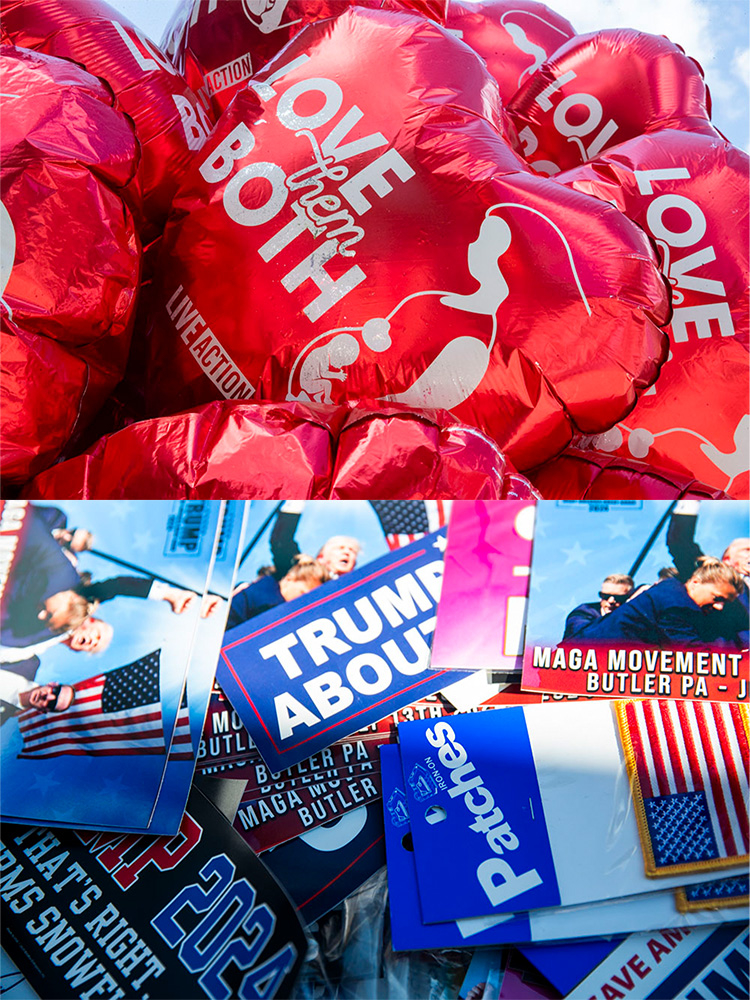 (Top) Pro-life balloons fly at a merchandise booth during the third day of the 2024 Republican National Convention in Milwaukee, WI on Wednesday, July 17, 2024.

(Bottom) A pile of bumper stickers, patches, and postcards are seen on a merchandise table during the final day of the 2024 Republican National Convention in Milwaukee, WI on Thursday, July 18, 2024.