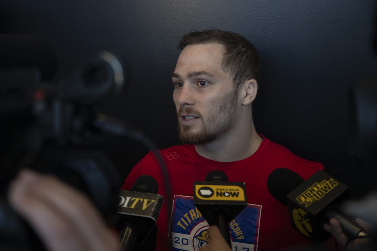 Spencer Lee answers questions from the media during a press conference held in the Goschke Family Wrestling Training Center on Thursday, July 18, 2024. 