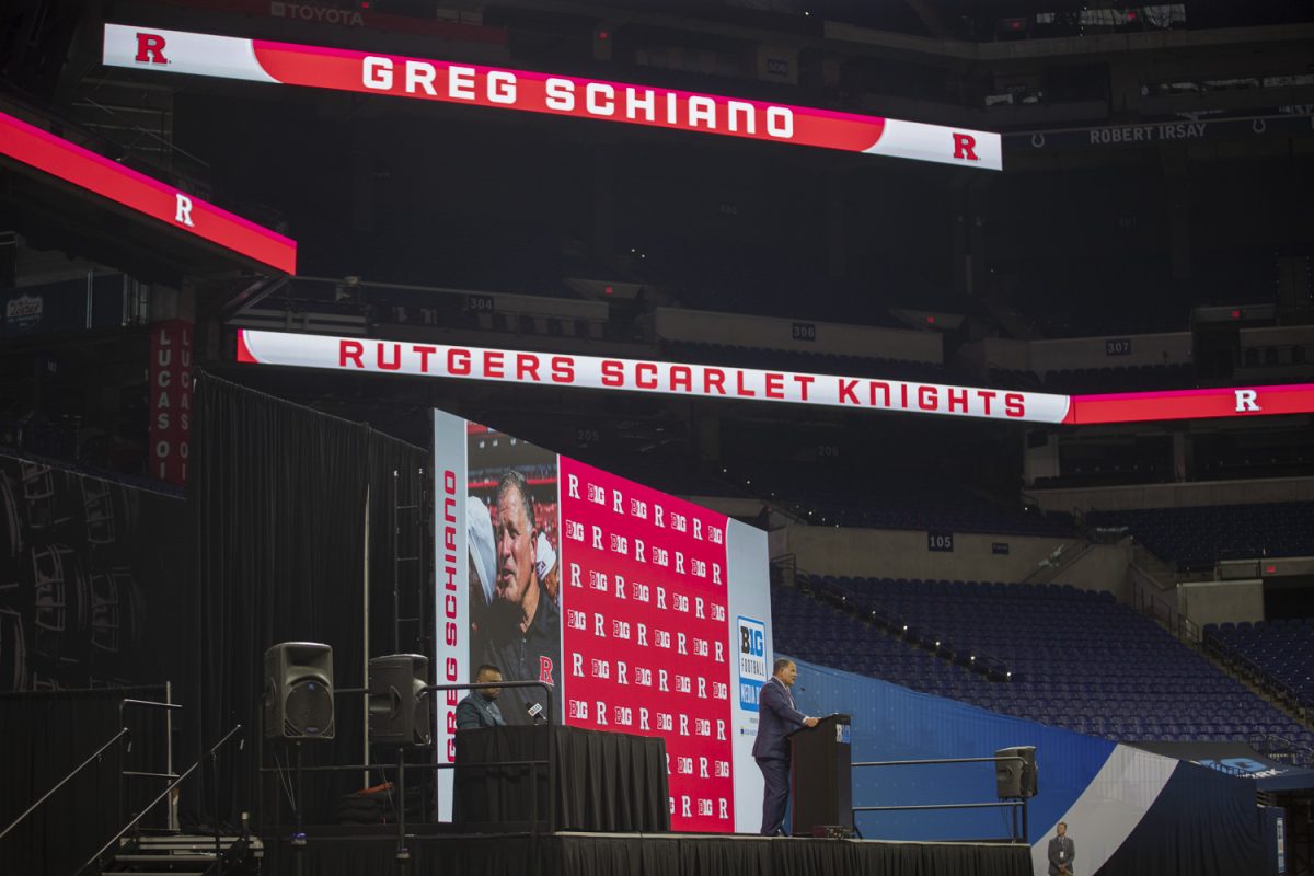 Rutgers head coach Greg Schiano speaks at a press conference during day one of Big Ten Football Media day  at Lucas Oil Stadium in Indianapolis, Ind., on Tuesday, July 23, 2024.