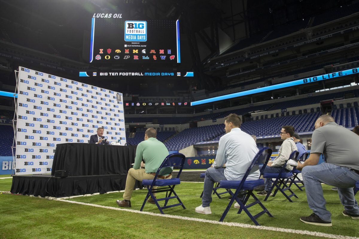Big Ten officiating Coordinator Bill Carollo speaks to media during day one of Big Ten Football Media day  at Lucas Oil Stadium in Indianapolis, Ind., on Tuesday, July 23, 2024. Carollo spoke about new technology that will be implemented for the 2024 season to assist in officiating. 
