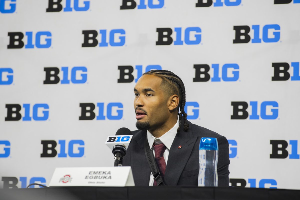 Ohio State wide receiver Emeka Egbuka speaks to the media during day one of Big Ten Football Media day  at Lucas Oil Stadium in Indianapolis, Ind., on Tuesday, July 23, 2024.