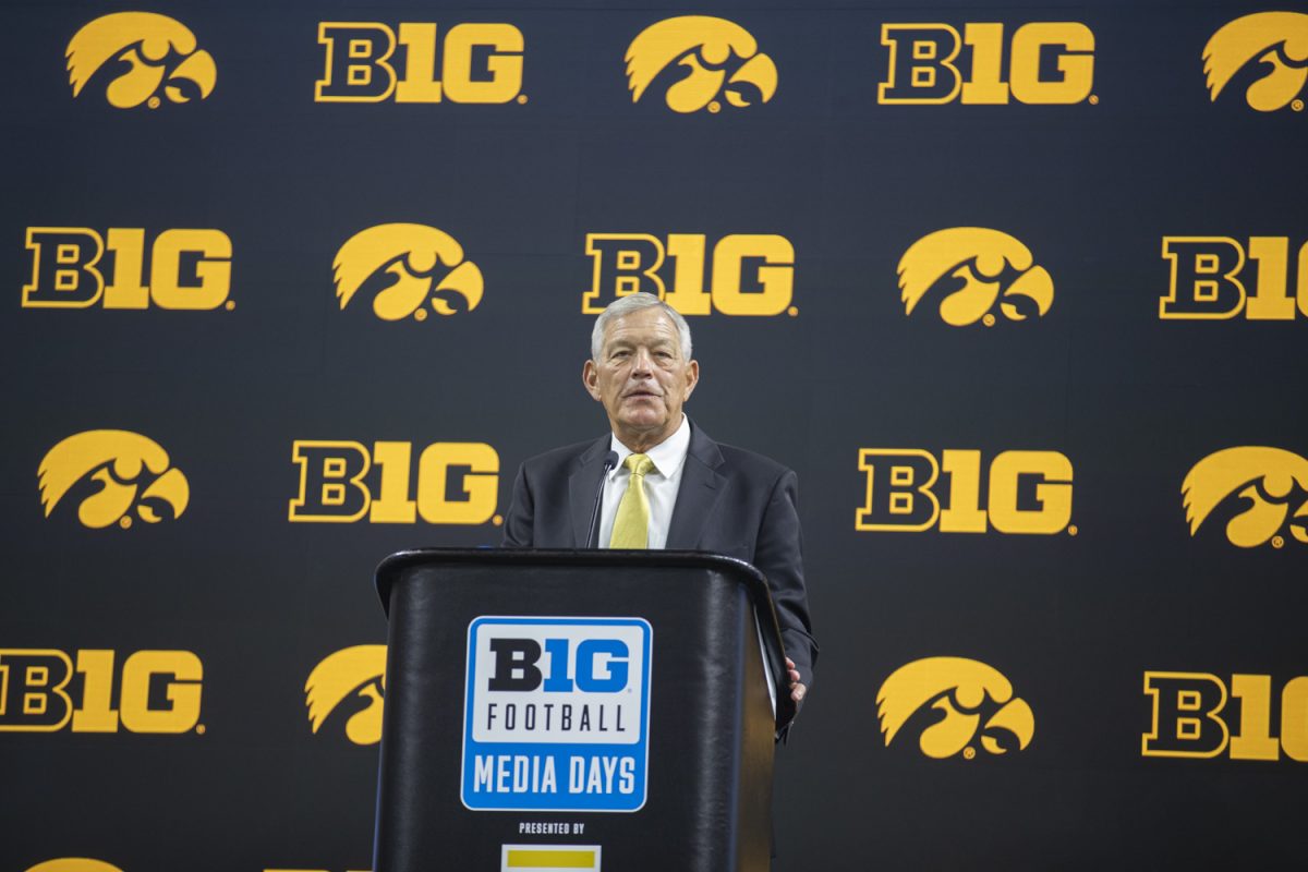 Iowa head coach Kirk Ferentz looks to the crowd during day two of Big Ten Football Media Day at Lucas Oil Stadium in Indianapolis, Ind., on Wednesday, July 24, 2024. Coaches and athletes from Iowa, UCLA, USC, Michigan State, Nebraska, and Penn State answered questions from the media.