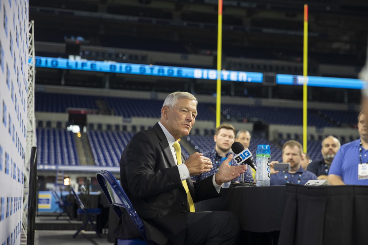 Iowa head coach Kirk Ferentz speaks with media during day two of Big Ten Football Media Day at Lucas Oil Stadium in Indianapolis, Ind., on Wednesday, July 24, 2024. Coaches and athletes from Iowa, UCLA, USC, Michigan State, Nebraska, and Penn State answered questions from the media.