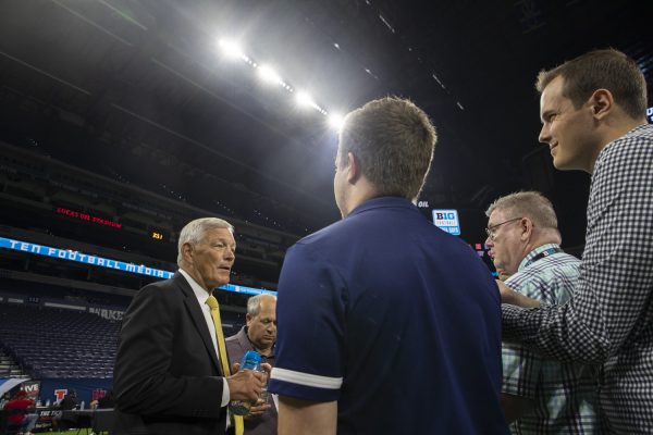 Iowa head coach Kirk Ferentz speaks with media members during their coverage during day two of Big Ten Football Media Day at Lucas Oil Stadium in Indianapolis, Ind., on Wednesday, July 24, 2024. Coaches and athletes from Iowa, UCLA, USC, Michigan State, Nebraska, and Penn State answered questions from the media.