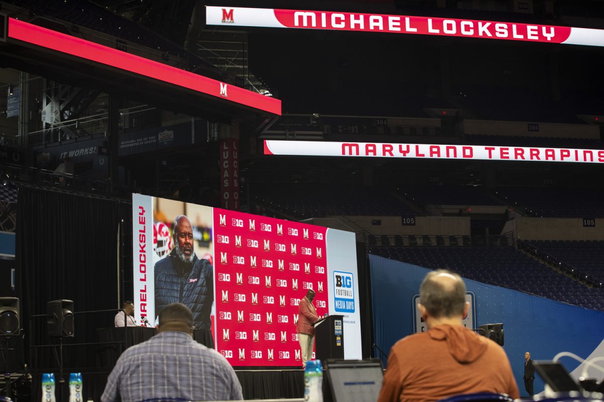 Maryland head coach Michael Locksley speaks at a press conference during the final day of Big Ten Football Media Days  at Lucas Oil Stadium in Indianapolis, Ind., on Wednesday, July 25, 2024. Coaches and athletes from Oregon, Maryland. Michigan, Minnesota, Indiana, and Washington answered questions from the media. Locksley led the Terrapins to a 8-5 record for the 2023 season.