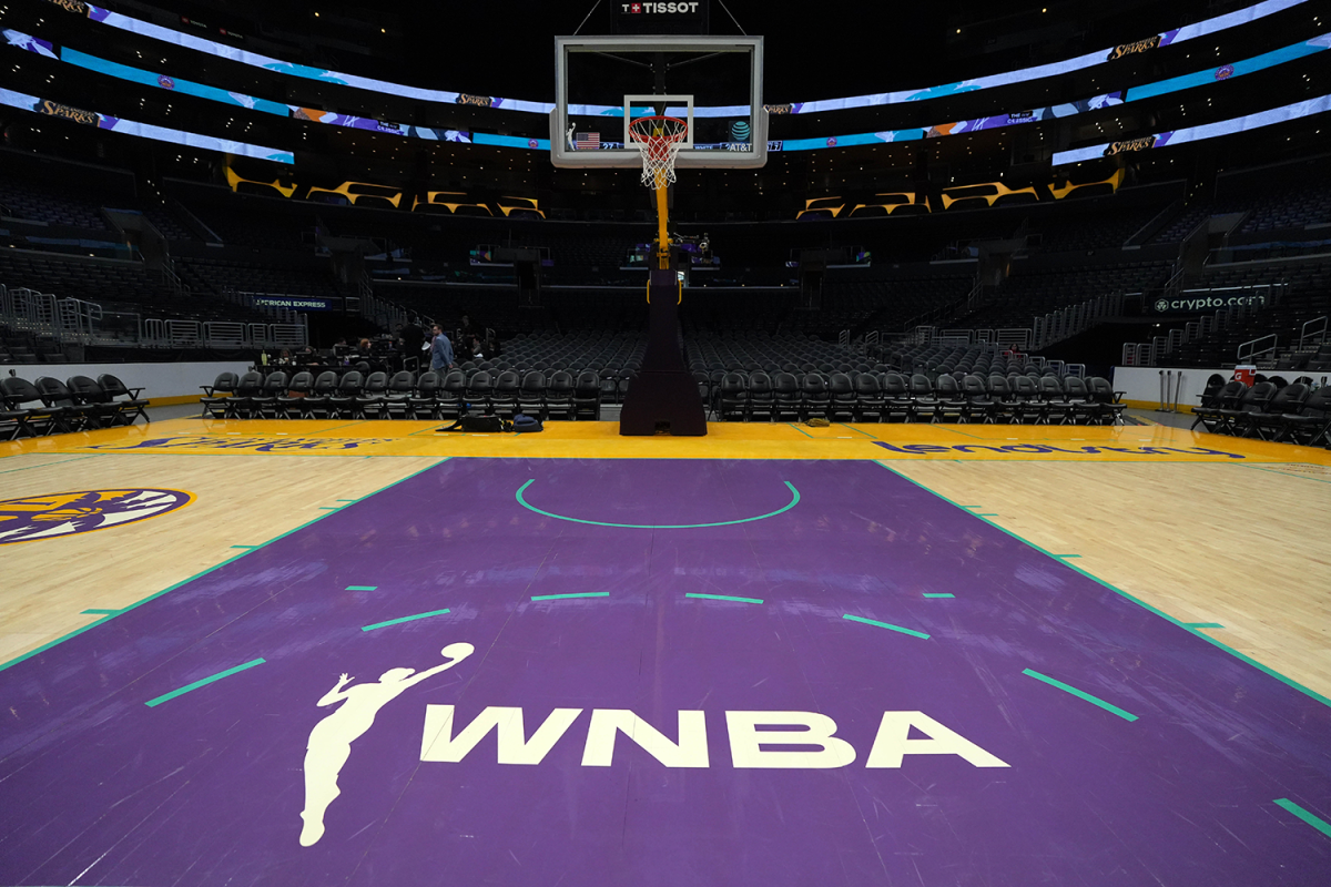 Jul 9, 2024; Los Angeles, California, USA; The WNBA logo on the court at Crypto.com Arena. 