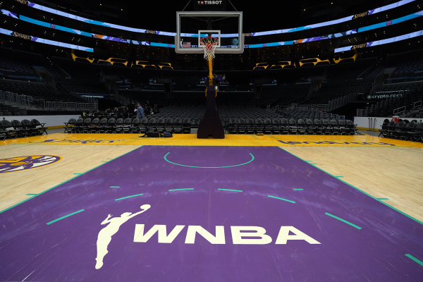 Jul 9, 2024; Los Angeles, California, USA; The WNBA logo on the court at Crypto.com Arena. 