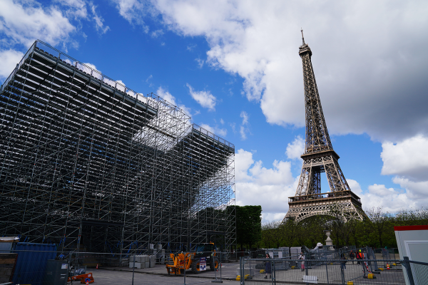 A general view of construction of the Eiffel Tower Stadium, the venue for beach volleyball, in preparation for the Paris 2024 Summer Olympic Games. 