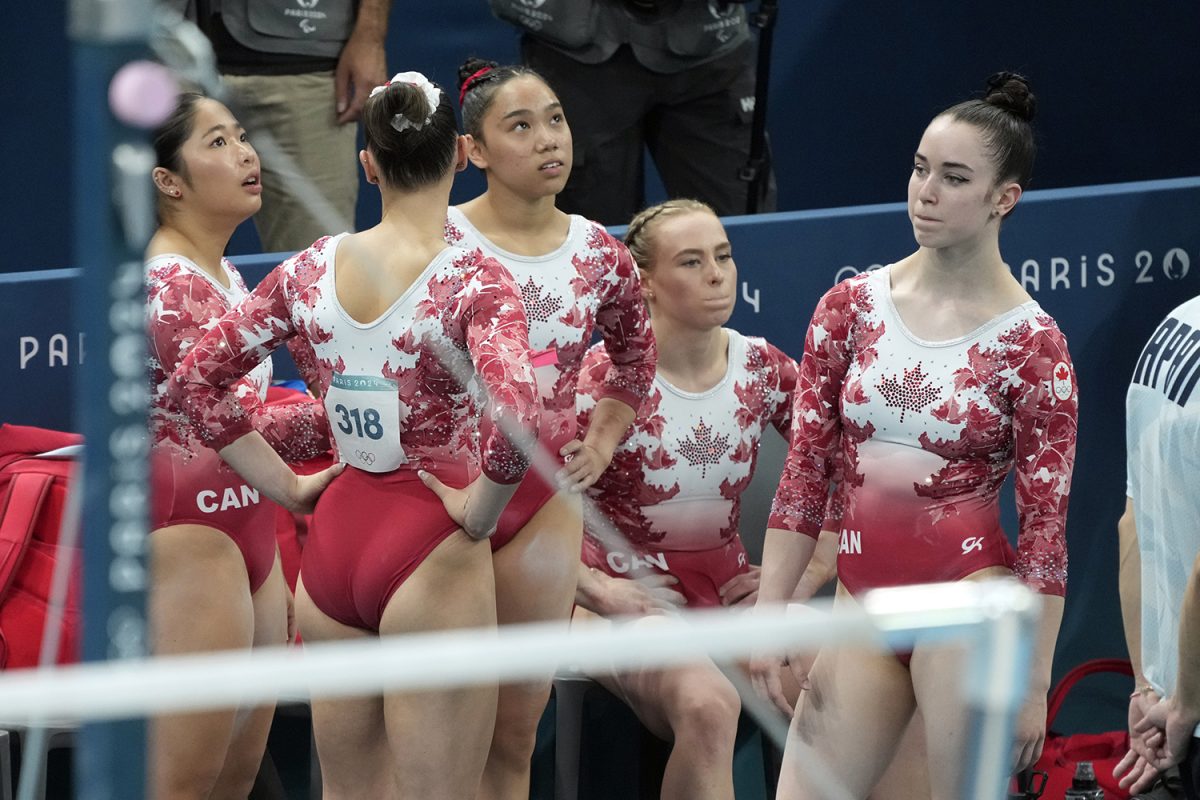 Team Canada during the women’s team final at the Paris 2024 Olympic Summer Games at Bercy Arena. Iowa gymnasts Cassie Lee and Auriele Tran competed for Team Canada. 