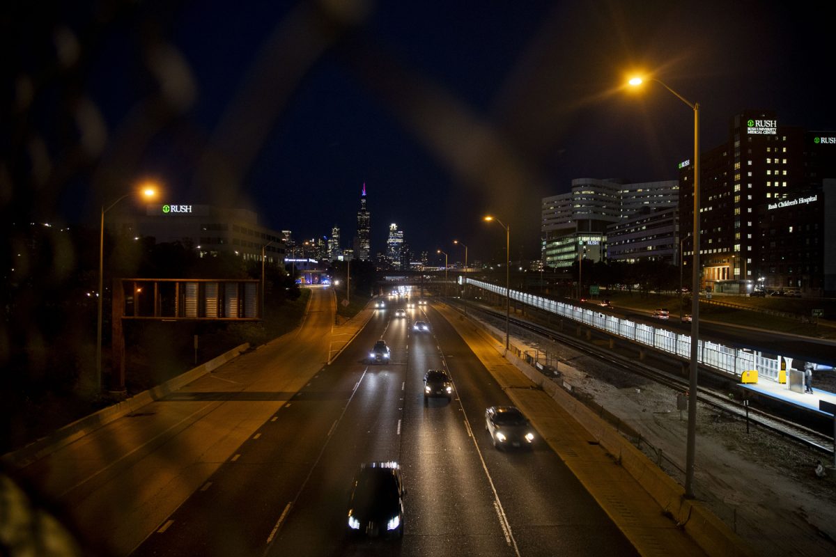 Oncoming traffic is seen leaving downtown Chicago during the third day of the 2024 Democratic National Convention on Wednesday, Aug. 21, 2024.