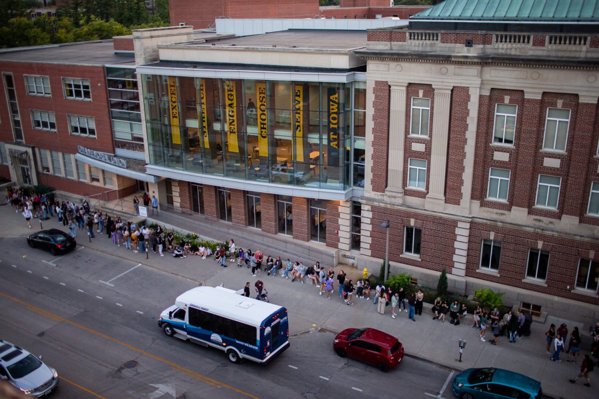 Fans wait outside of the Iowa Memorial Union before a Brittany Broski lecture hosted by the University of Iowa Lecture Committee in the I.M.U. on Thursday, Sept. 14, 2023. A new master plan for the University of Iowa includes renovations to the I.M.U.