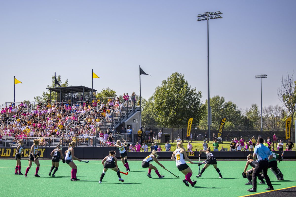 Iowa midfield Dionne van Aalsum attempts a goal up the field during a field hockey match between No. 1 Iowa and Michigan State at Grand Field in Iowa City on Sunday, Oct. 1, 2023. The Hawkeyes will face Miami University at Grant Field on Friday, Sept. 6, 2024. 