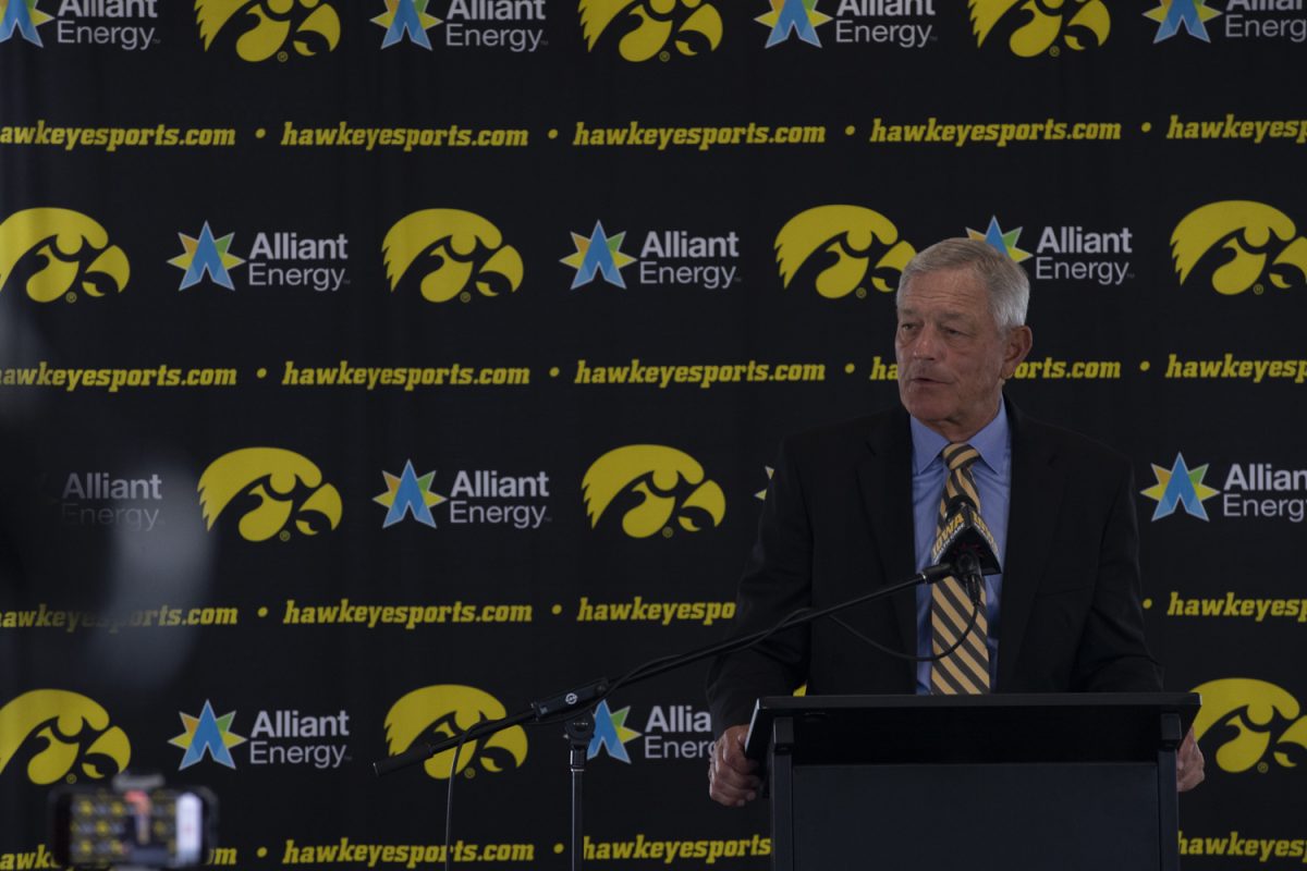 Iowa football head coach Kirk Ferentz answers questions during a football media day press conference held in Kinnick Stadium on Friday, August 9, 2024.