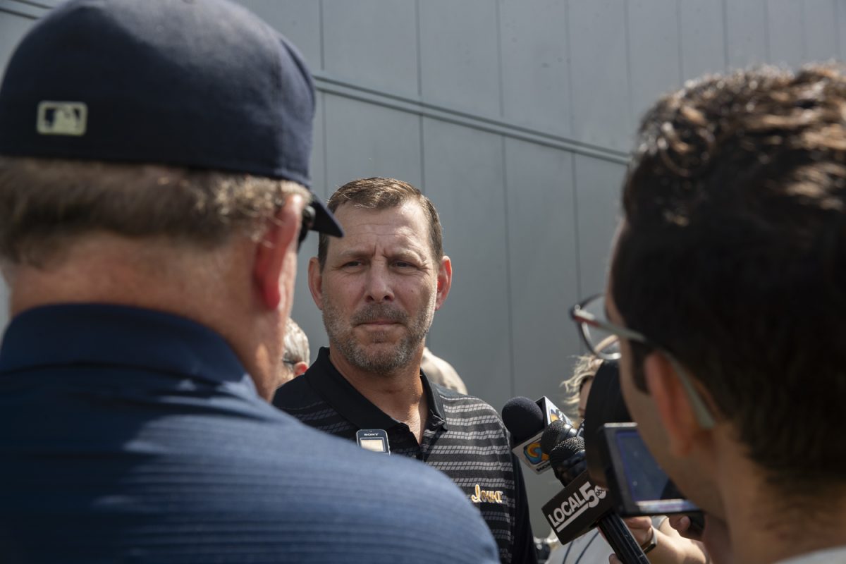 Iowa offensive coordinator Tim Lester answers questions from the media during the Iowa football media day on Friday, August 9, 2024.