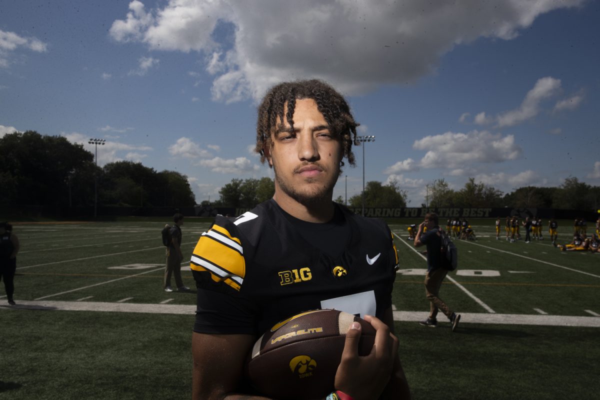 Iowa wide receiver Dayton Howard poses for a photo outside of the Ronald D. and Margaret L. Kenyon Football Practice Facility during the Iowa football media day on Friday, August 9, 2024.