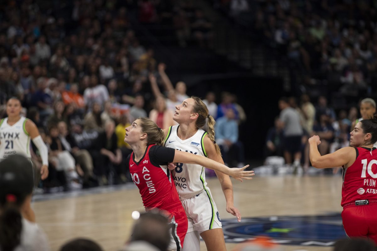 Las Vegas guard Kate Martin guards Minnesota forward Alanna Smith during a WNBA game between the Minnesota Lynx and the Las Vegas Aces at the Target Center in Minneapolis on Friday, Aug. 23, 2024. The Lynx defeated the Aces, 87-74. The teams faced off two days prior in Las Vegas, where the Lynx won, 98-87.